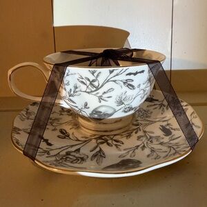 Gothic Halloween Elegant Black and White skull , floral Teacup and Saucer Set
